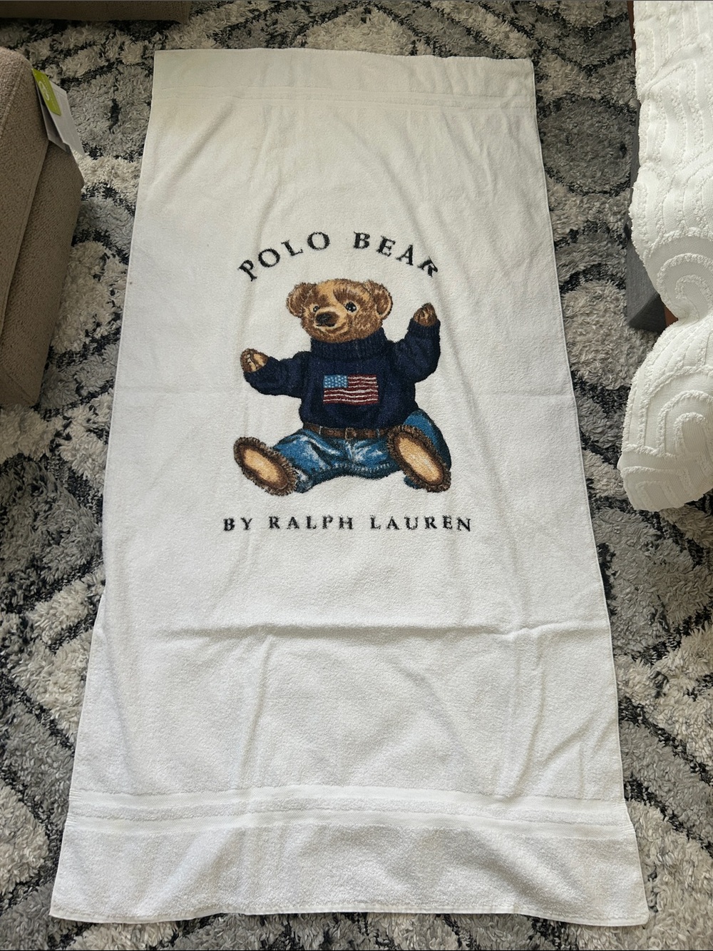 Vintage Ralph Lauren large White Polo Bear beach towel 100% cotton